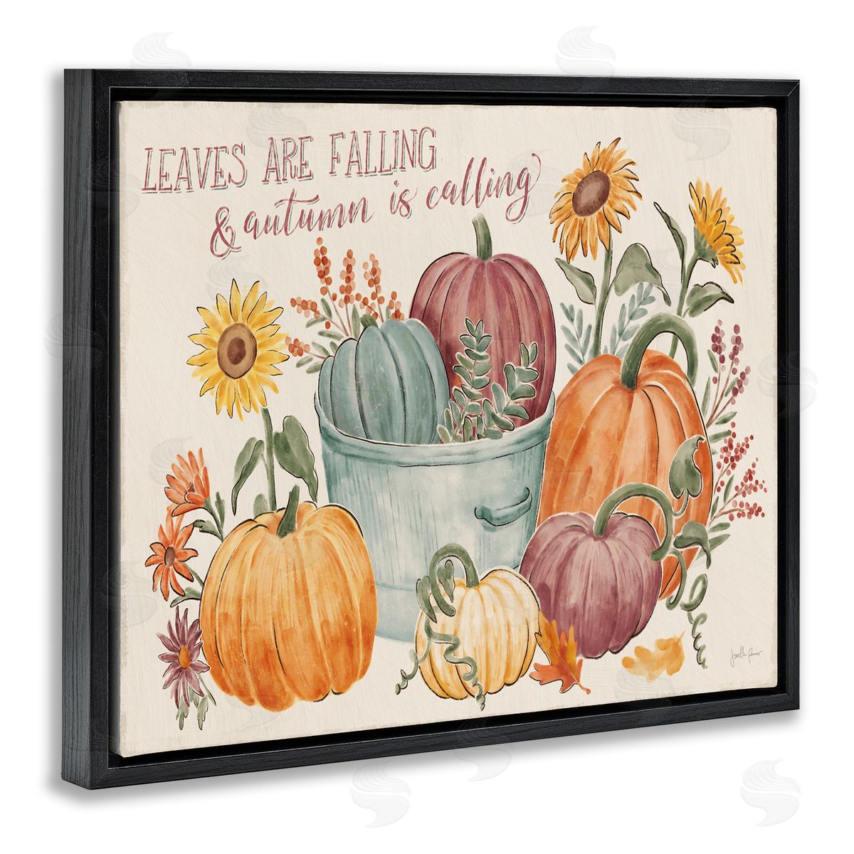 Janelle Penner Autumn Is Calling Phrase  Pumpkins Sunflowers  Black Floating Frame Canvas Wall Art Print