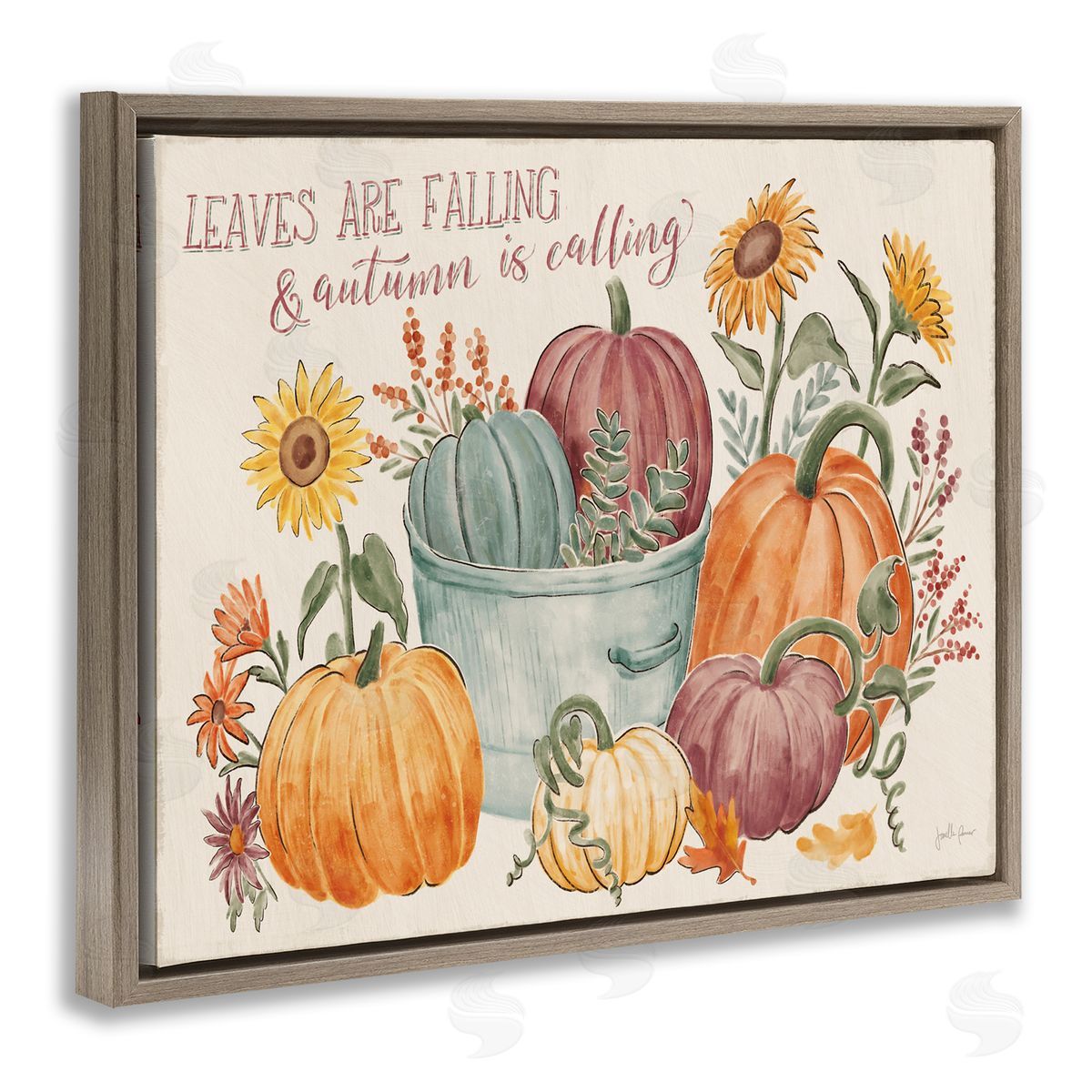 Janelle Penner Autumn Is Calling Phrase  Pumpkins Sunflowers  Brown Floating Frame Canvas Wall Art Print
