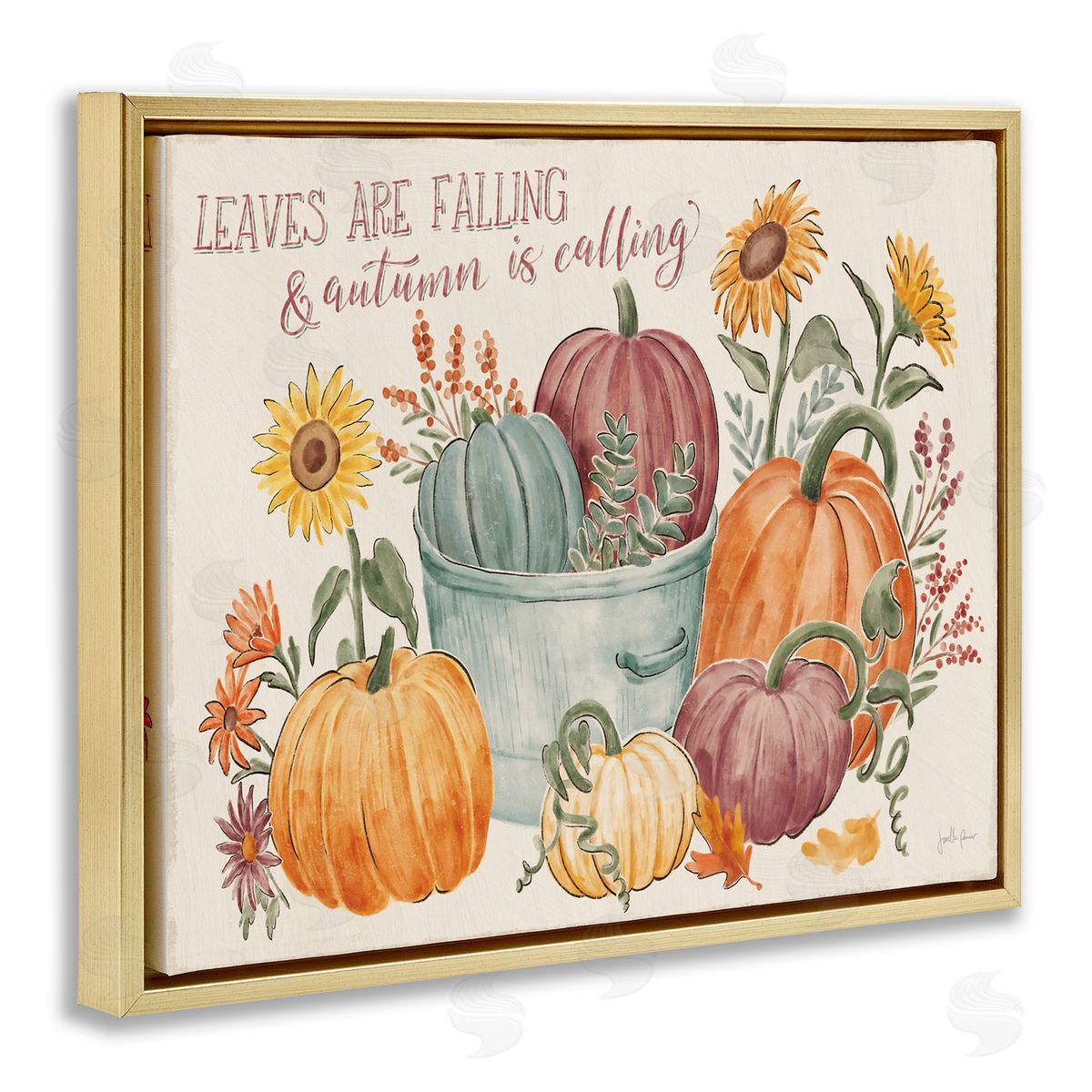 Janelle Penner Autumn Is Calling Phrase  Pumpkins Sunflowers  Gold Floating Frame Canvas Wall Art Print
