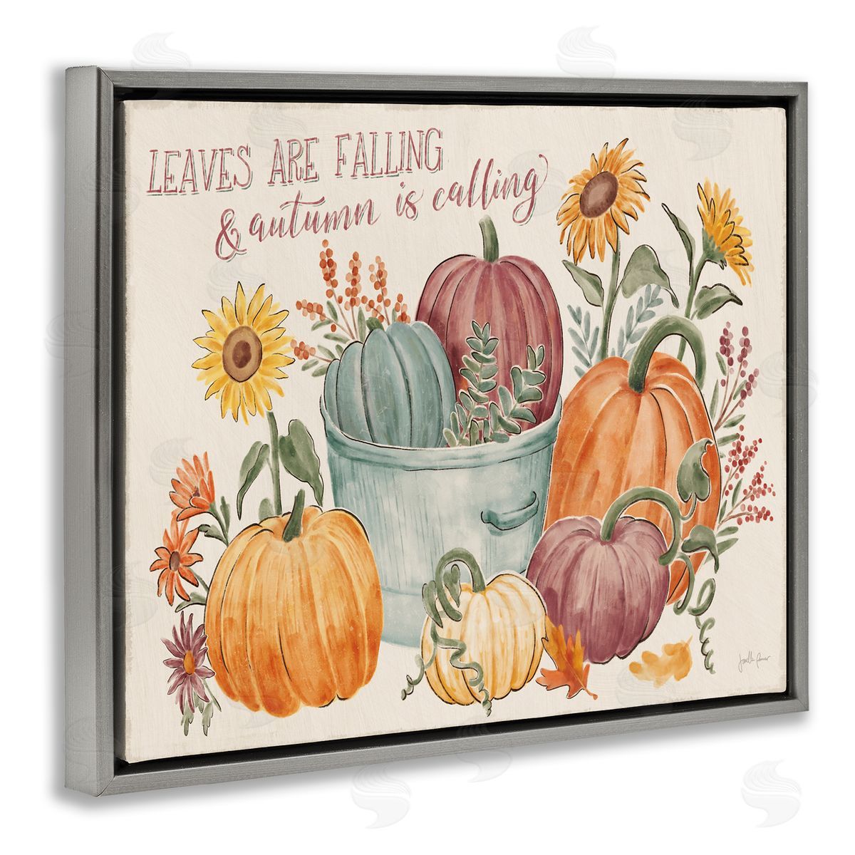 Janelle Penner Autumn Is Calling Phrase  Pumpkins Sunflowers  Gray Floating Frame Canvas Wall Art Print