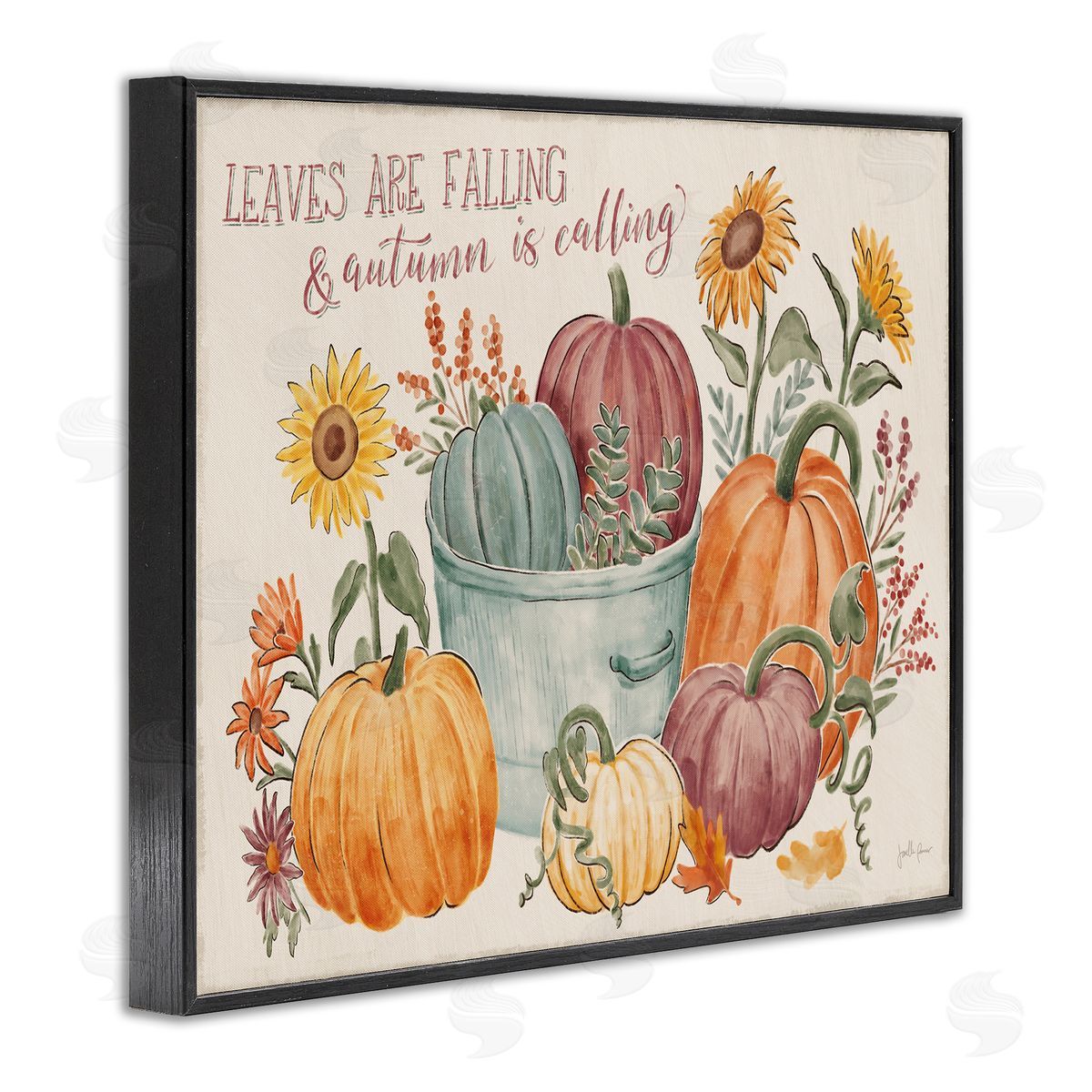 Janelle Penner Autumn Is Calling Phrase  Pumpkins Sunflowers  Black Framed Giclee Wall Art Print