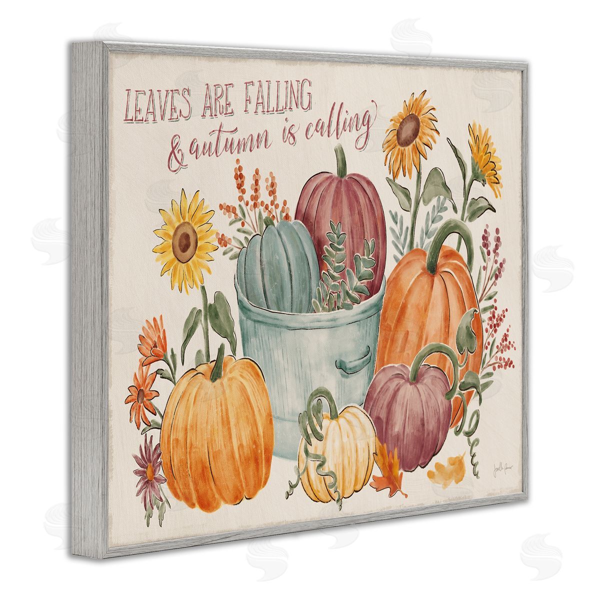 Janelle Penner Autumn Is Calling Phrase  Pumpkins Sunflowers  Gray Framed Giclee Wall Art Print