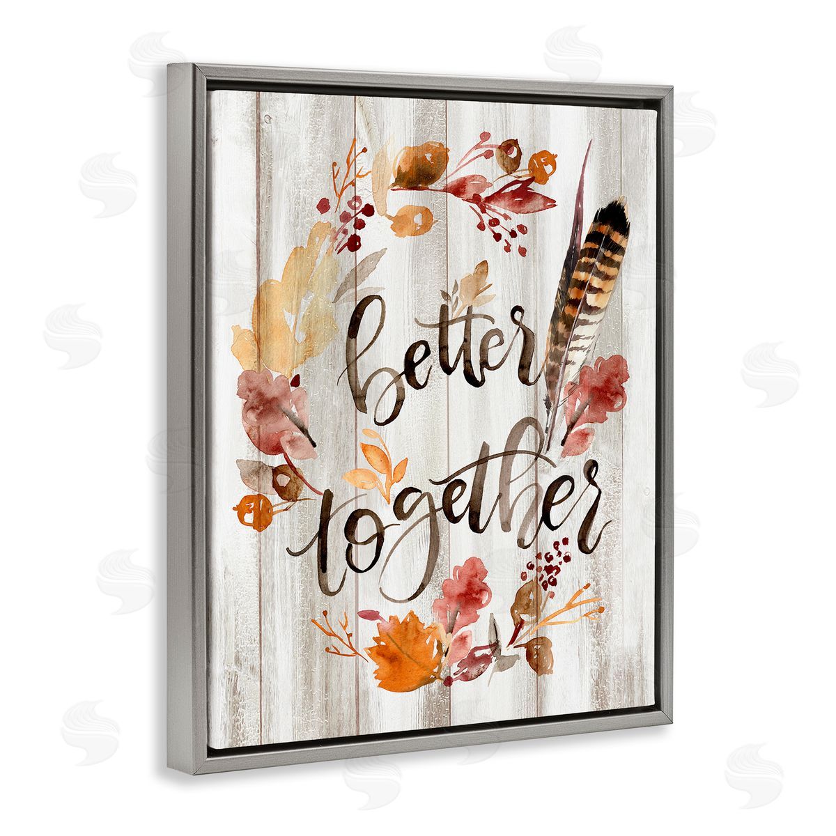 Jennifer Paxton Parker Better Together Rustic Boho Calligraphy Feather Plants Gray Floating Frame Canvas Wall Art Print