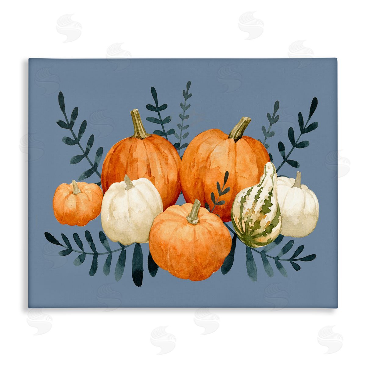 Emma Caroline Round Orange Pumpkins Autumn Harvest Plants Leaves Stretched Canvas Wall Art Print