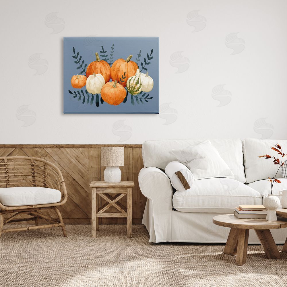 Emma Caroline Round Orange Pumpkins Autumn Harvest Plants Leaves Canvas Wall Art Print in Room