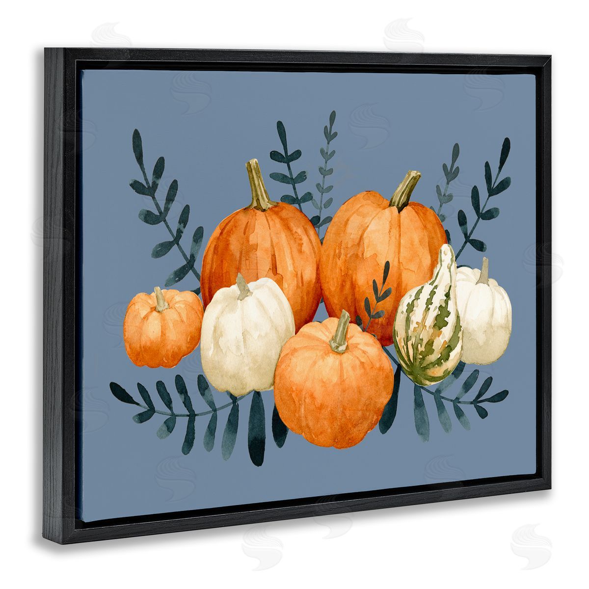 Emma Caroline Round Orange Pumpkins Autumn Harvest Plants Leaves Black Floating Frame Canvas Wall Art Print
