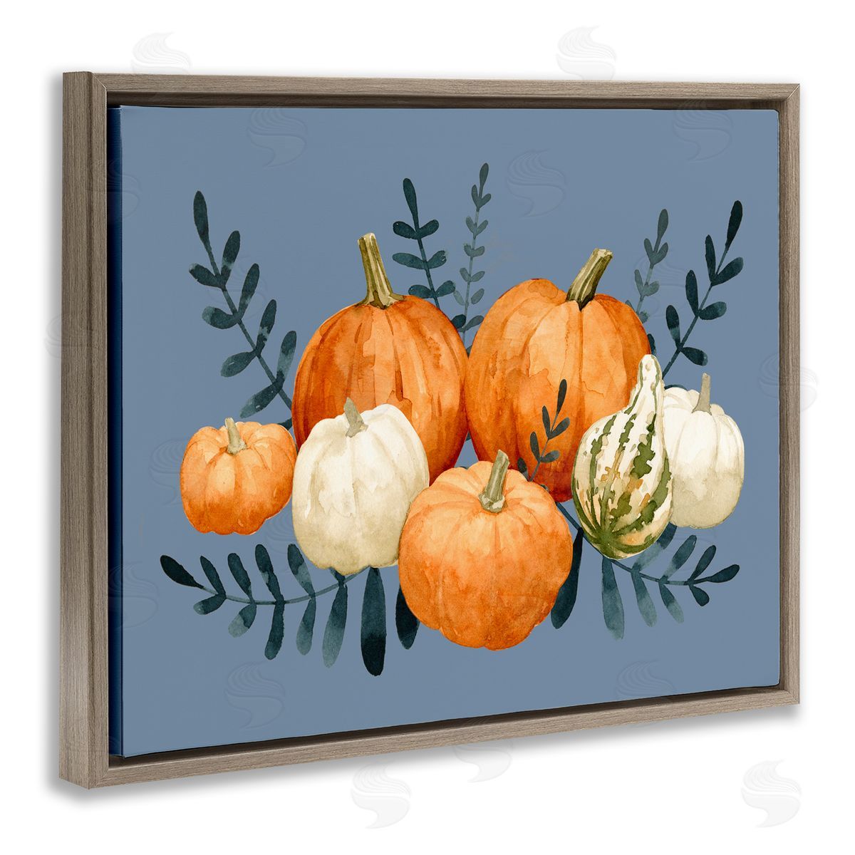 Emma Caroline Round Orange Pumpkins Autumn Harvest Plants Leaves Brown Floating Frame Canvas Wall Art Print