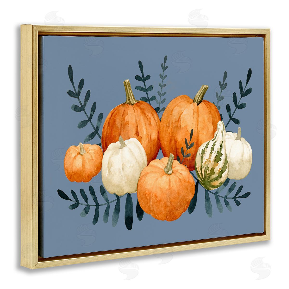 Emma Caroline Round Orange Pumpkins Autumn Harvest Plants Leaves Gold Floating Frame Canvas Wall Art Print