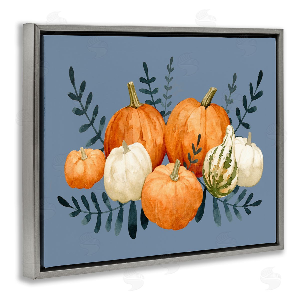 Emma Caroline Round Orange Pumpkins Autumn Harvest Plants Leaves Gray Floating Frame Canvas Wall Art Print