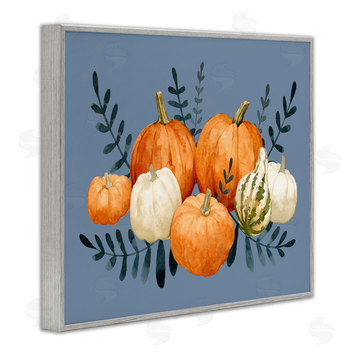 Emma Caroline Round Orange Pumpkins Autumn Harvest Plants Leaves Gray Framed Giclee Wall Art Print