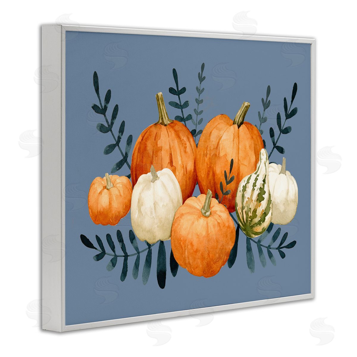Emma Caroline Round Orange Pumpkins Autumn Harvest Plants Leaves White Framed Giclee Wall Art Print