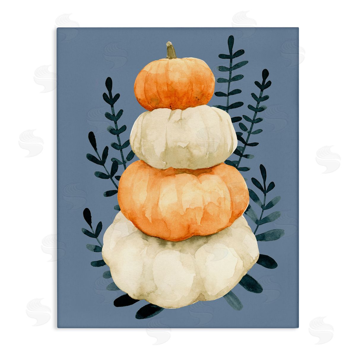 Emma Caroline Stacked Fall Pumpkins Botanical Leaves Blue  Stretched Canvas Wall Art Print