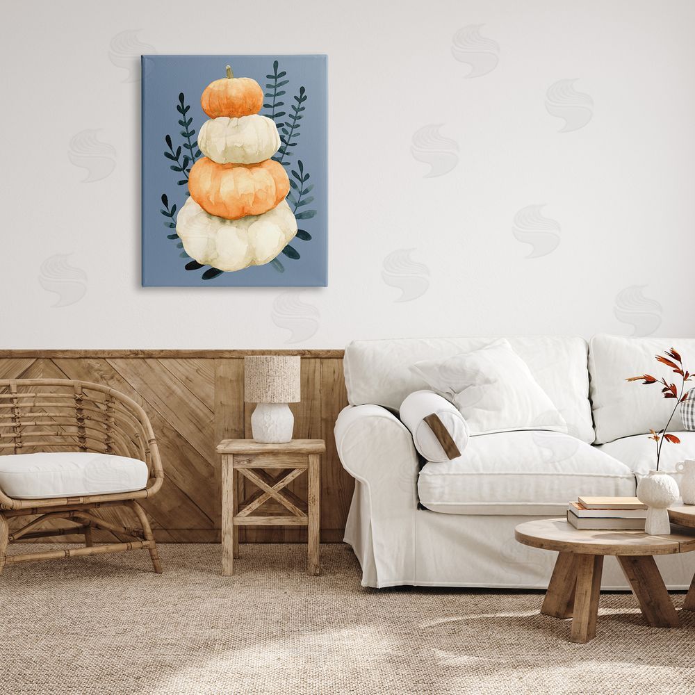 Emma Caroline Stacked Fall Pumpkins Botanical Leaves Blue  Canvas Wall Art Print in Room
