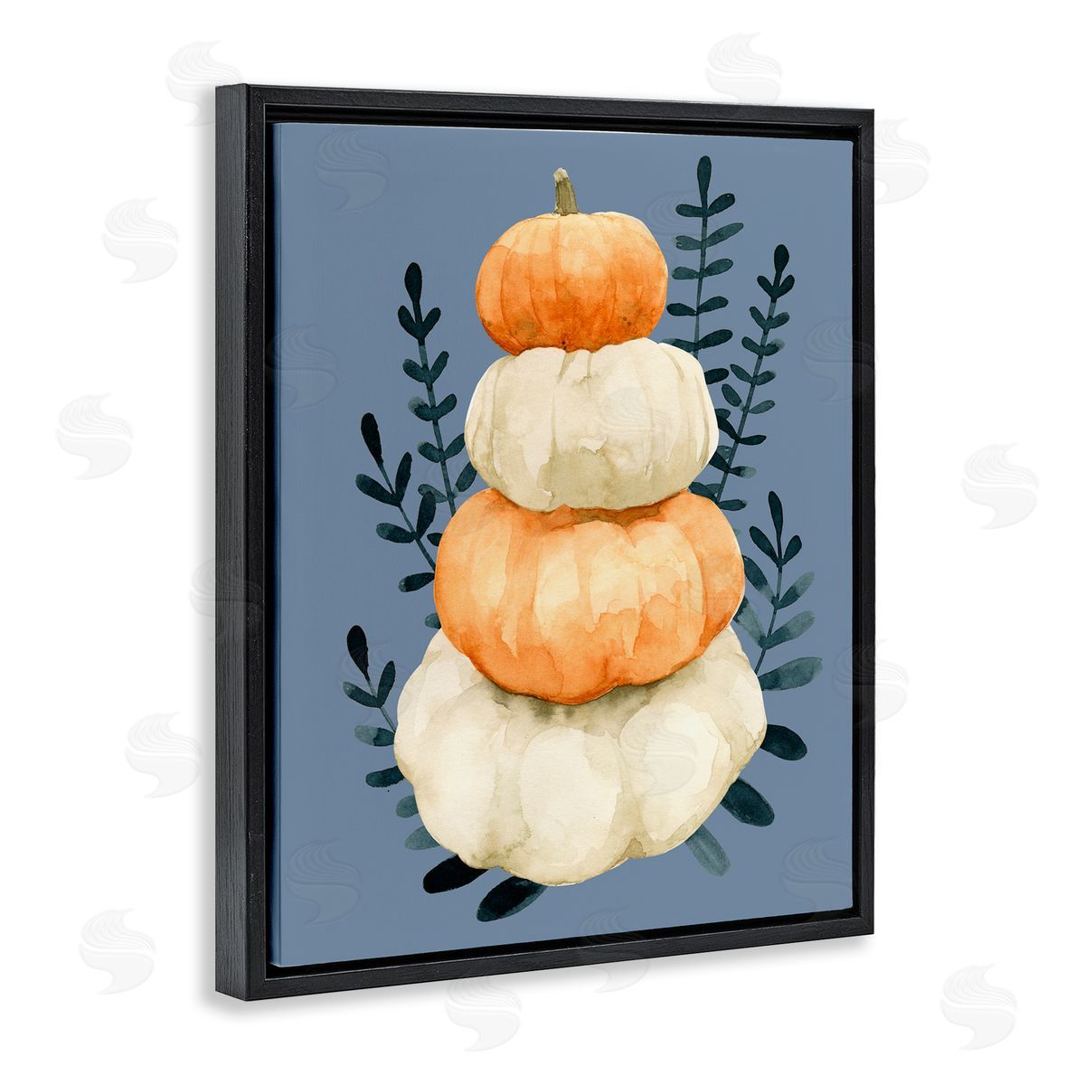 Emma Caroline Stacked Fall Pumpkins Botanical Leaves Blue  Black Floating Frame Canvas Wall Art Print