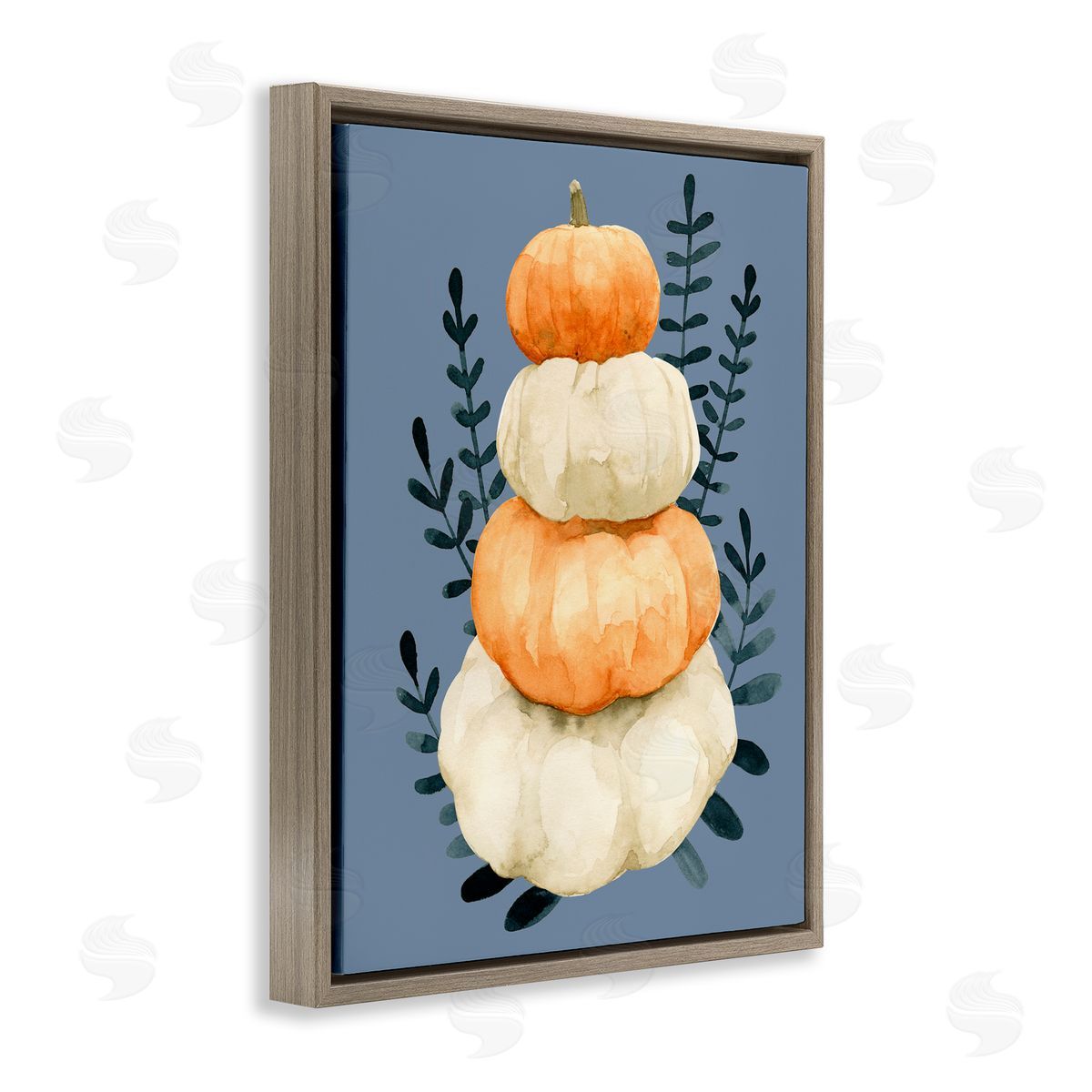 Emma Caroline Stacked Fall Pumpkins Botanical Leaves Blue  Brown Floating Frame Canvas Wall Art Print