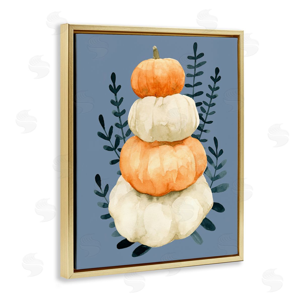 Emma Caroline Stacked Fall Pumpkins Botanical Leaves Blue  Gold Floating Frame Canvas Wall Art Print