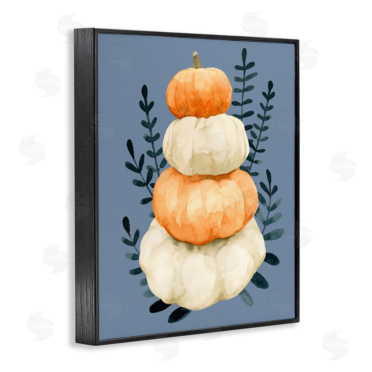 Emma Caroline Stacked Fall Pumpkins Botanical Leaves Blue  Black Framed Giclee Wall Art Print