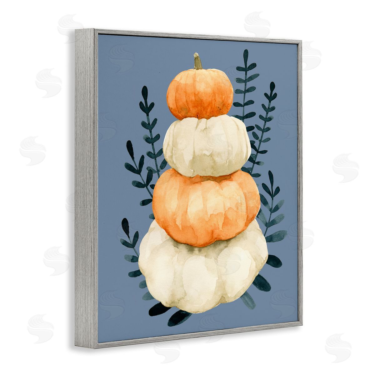 Emma Caroline Stacked Fall Pumpkins Botanical Leaves Blue  Gray Framed Giclee Wall Art Print