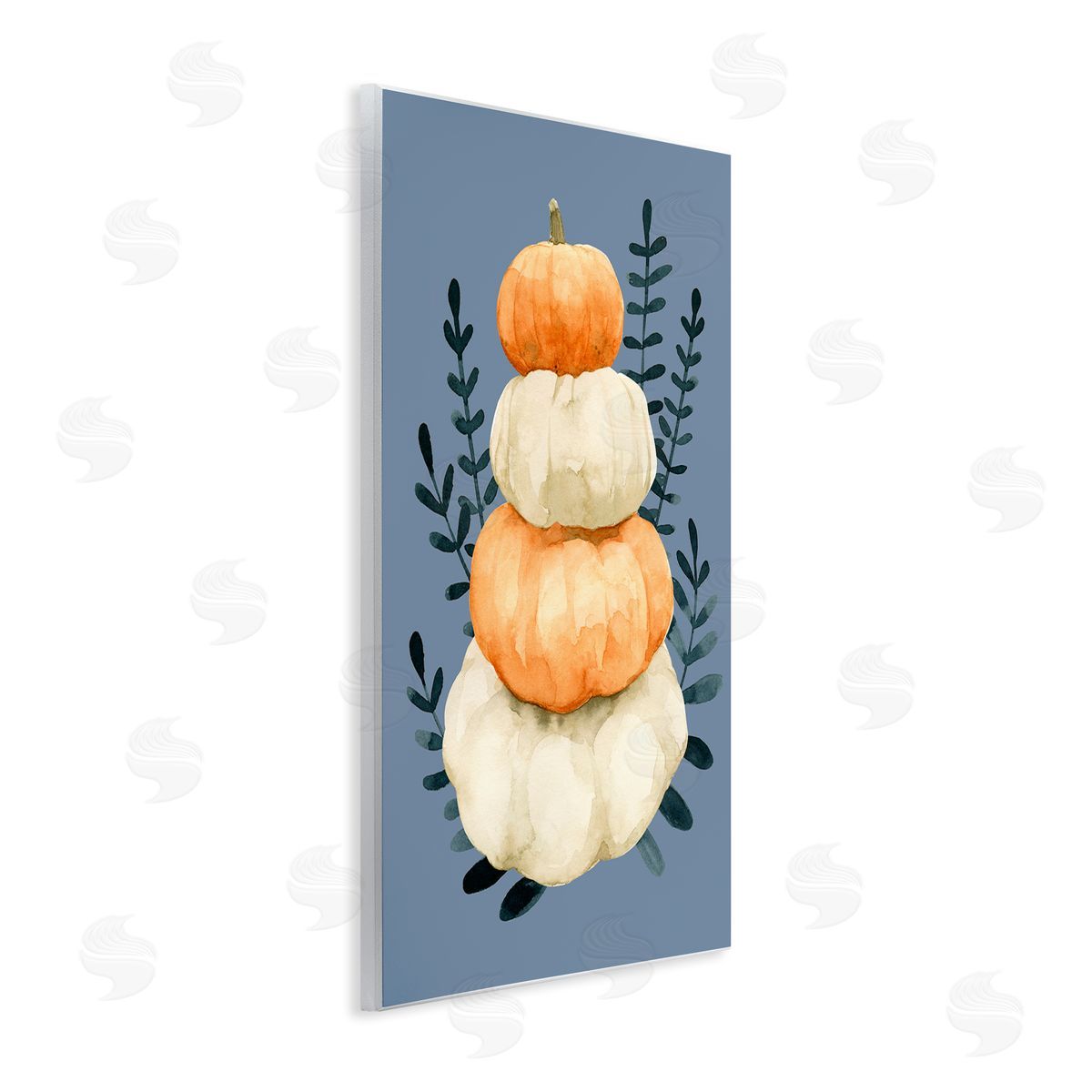 Emma Caroline Stacked Fall Pumpkins Botanical Leaves Blue  Wall Plaque Art Print
