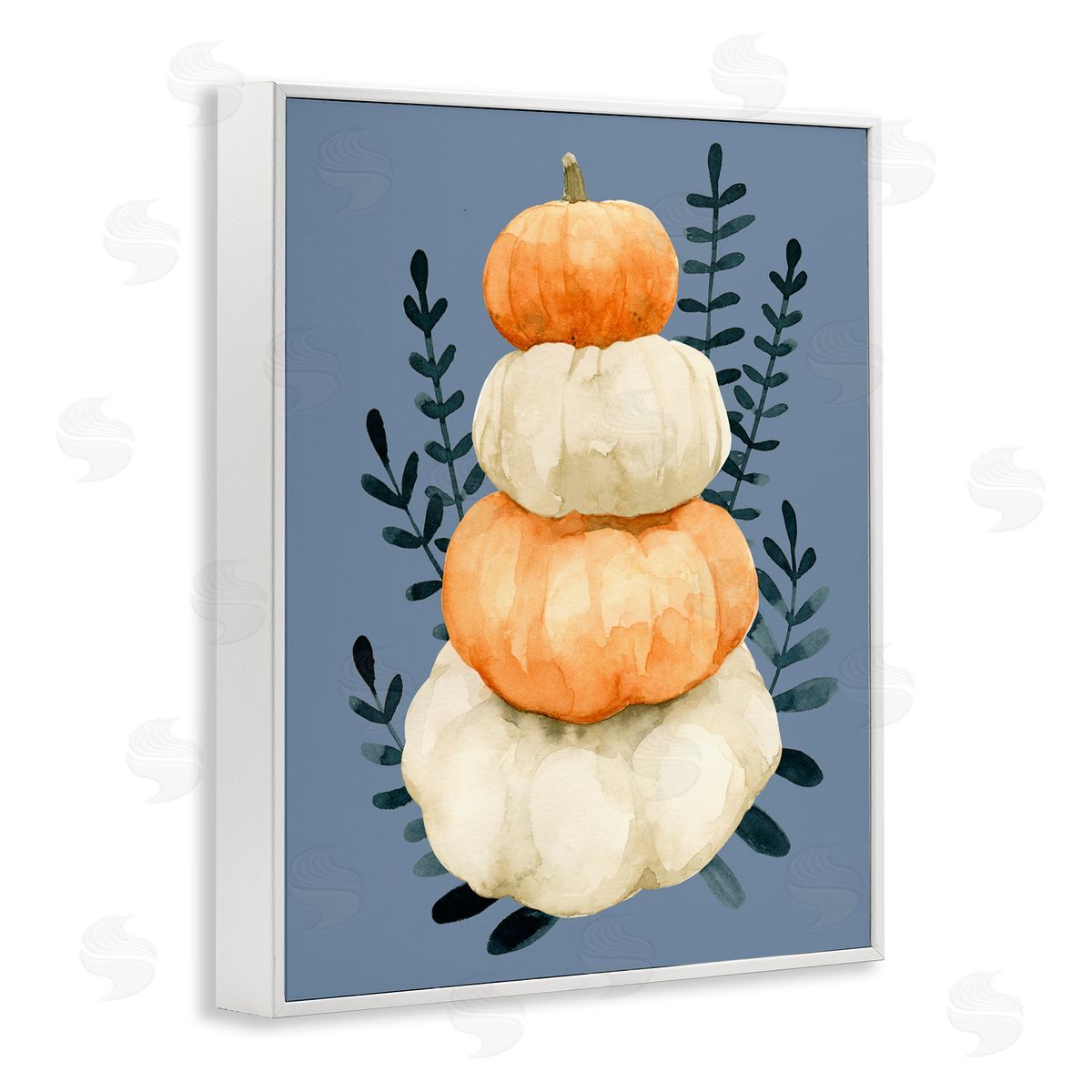 Emma Caroline Stacked Fall Pumpkins Botanical Leaves Blue  White Framed Giclee Wall Art Print
