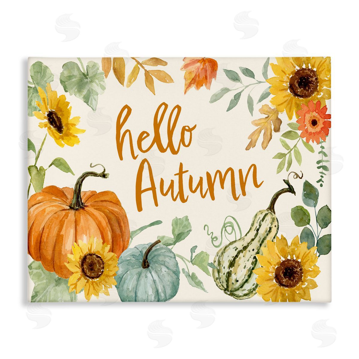 Victoria Barnes Hello Autumn Orange Calligraphy Fall Plants   Stretched Canvas Wall Art Print