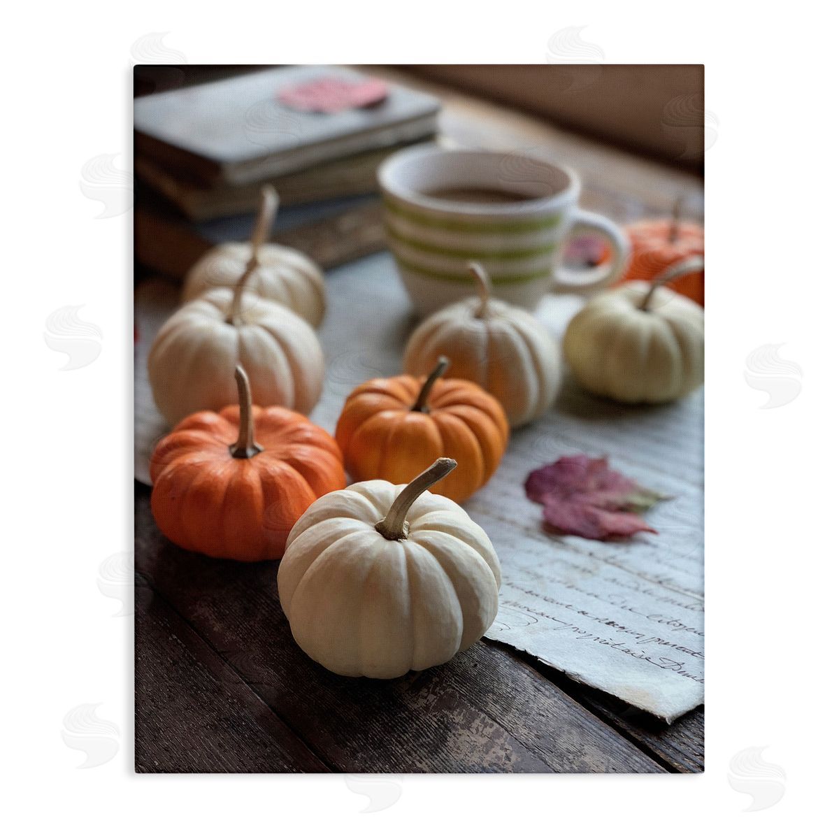 Claire Brocato Cozy Pumpkins Scattered Leaves Coffee Mug Photography  Stretched Canvas Wall Art Print