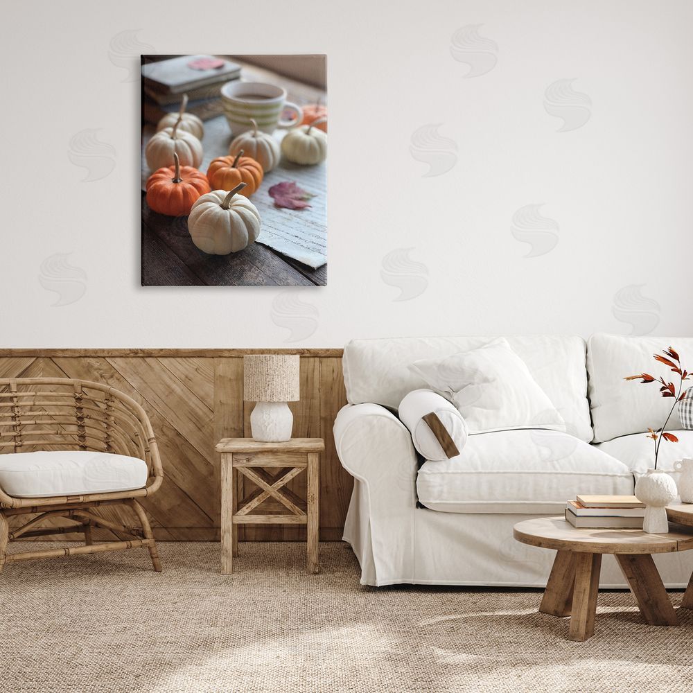 Claire Brocato Cozy Pumpkins Scattered Leaves Coffee Mug Photography  Canvas Wall Art Print in Room