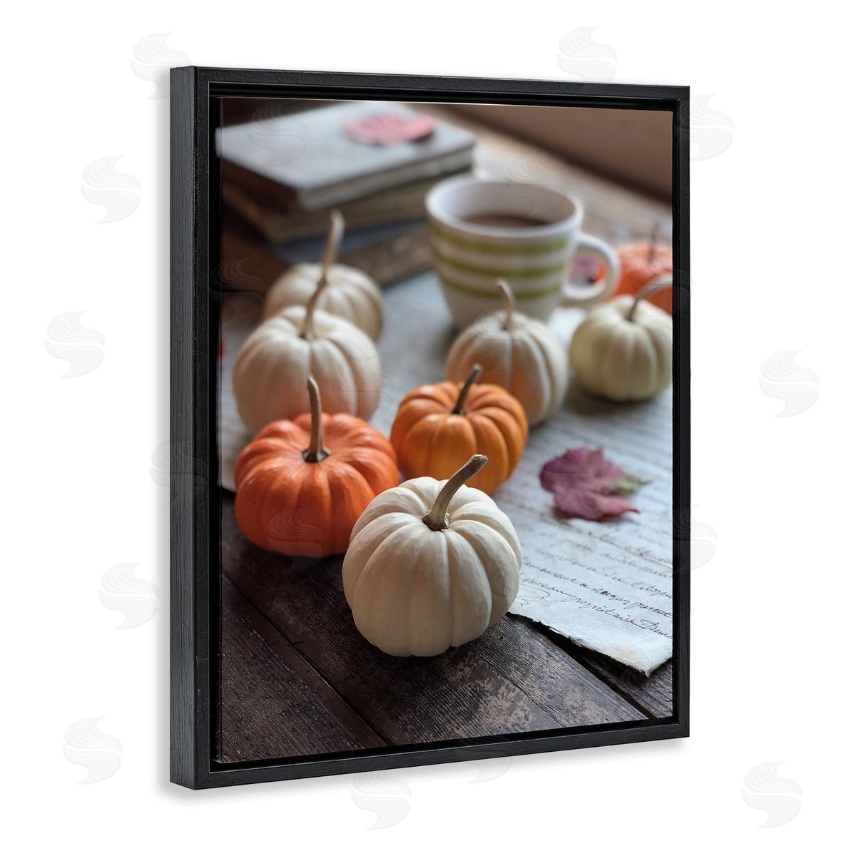 Claire Brocato Cozy Pumpkins Scattered Leaves Coffee Mug Photography  Black Floating Frame Canvas Wall Art Print