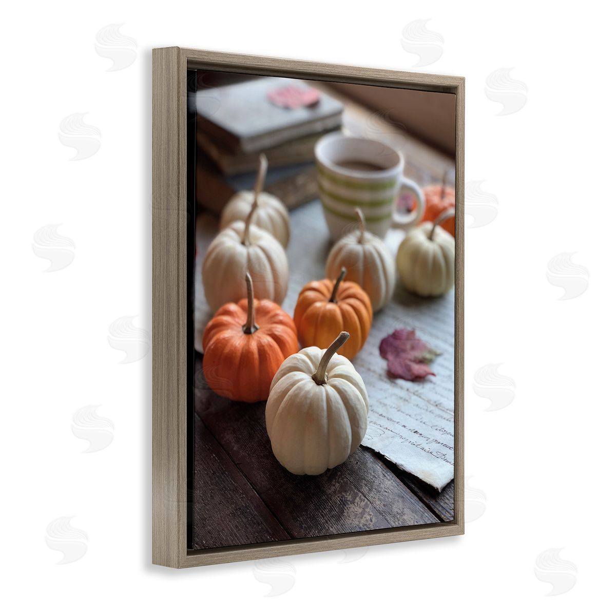 Claire Brocato Cozy Pumpkins Scattered Leaves Coffee Mug Photography  Brown Floating Frame Canvas Wall Art Print