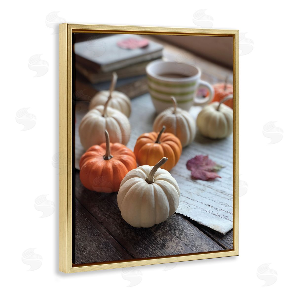 Claire Brocato Cozy Pumpkins Scattered Leaves Coffee Mug Photography  Gold Floating Frame Canvas Wall Art Print