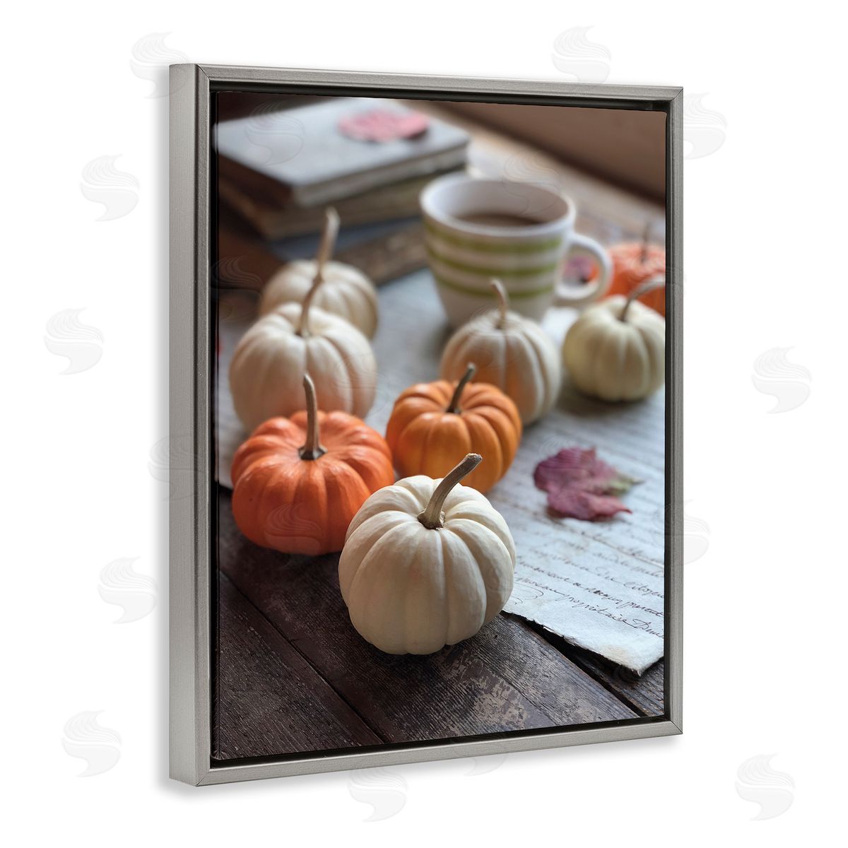 Claire Brocato Cozy Pumpkins Scattered Leaves Coffee Mug Photography  Gray Floating Frame Canvas Wall Art Print