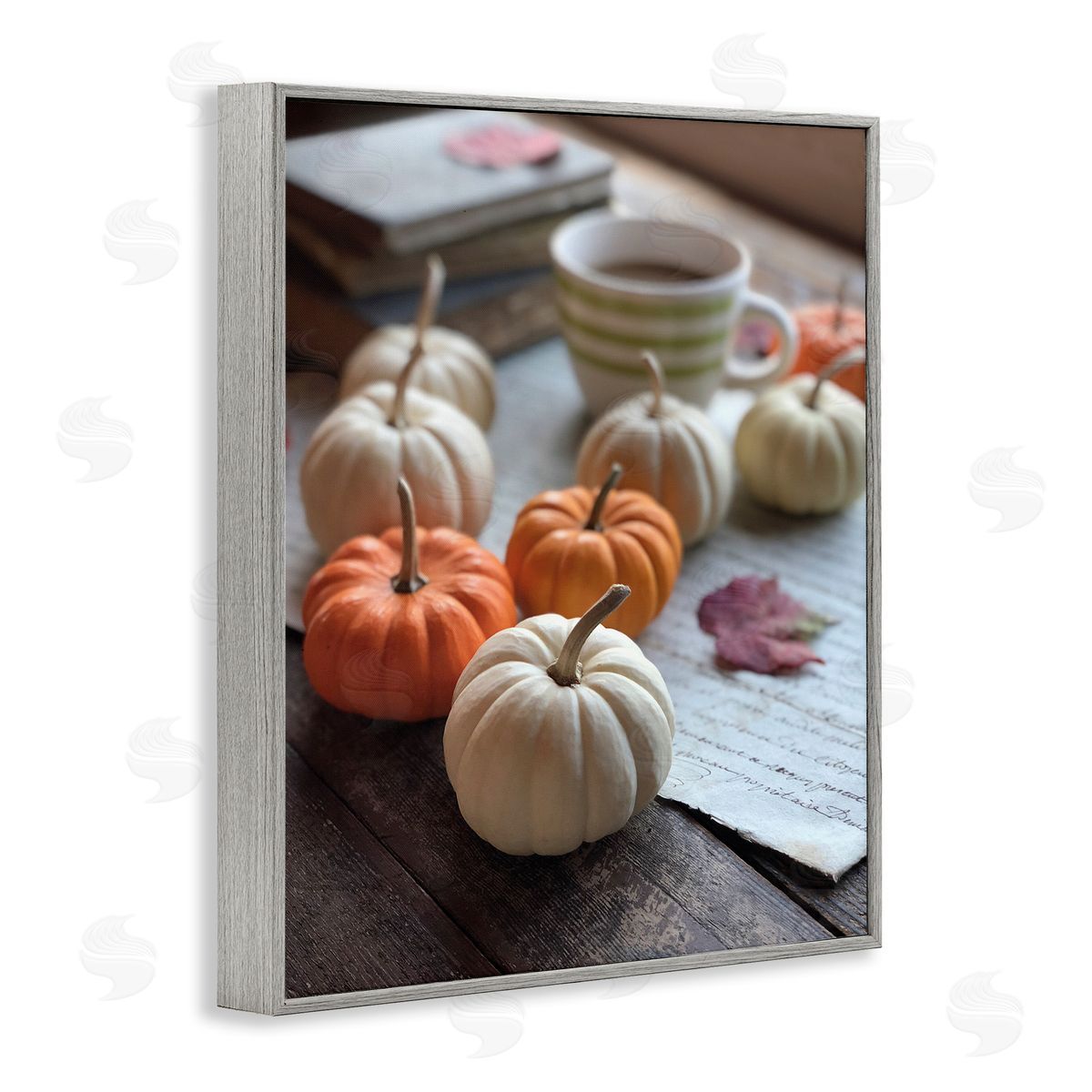 Claire Brocato Cozy Pumpkins Scattered Leaves Coffee Mug Photography  Gray Framed Giclee Wall Art Print