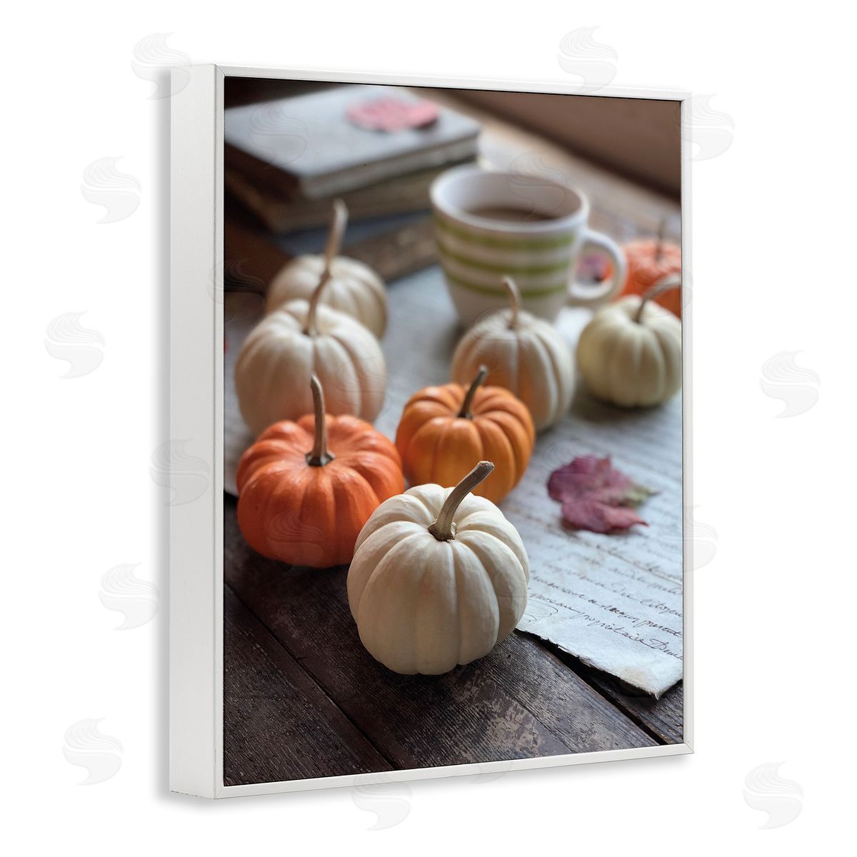Claire Brocato Cozy Pumpkins Scattered Leaves Coffee Mug Photography  White Framed Giclee Wall Art Print