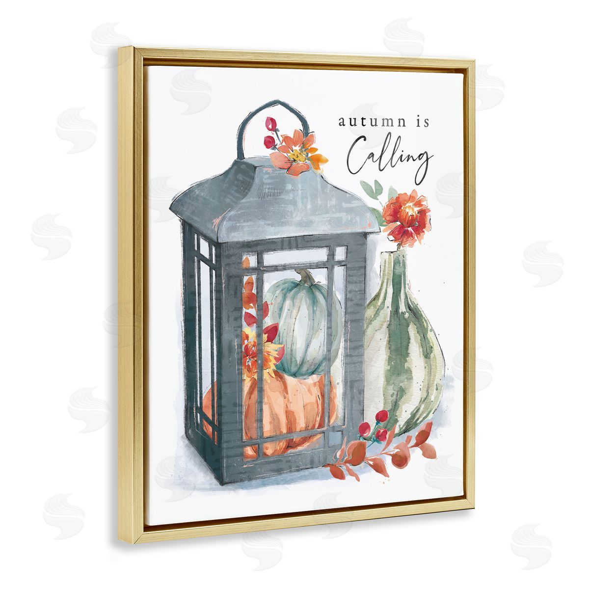 Courtney Morgenstern Autumn Is Calling Varied Gourds Floral Arrangement Watercolor Gold Floating Frame Canvas Wall Art Print