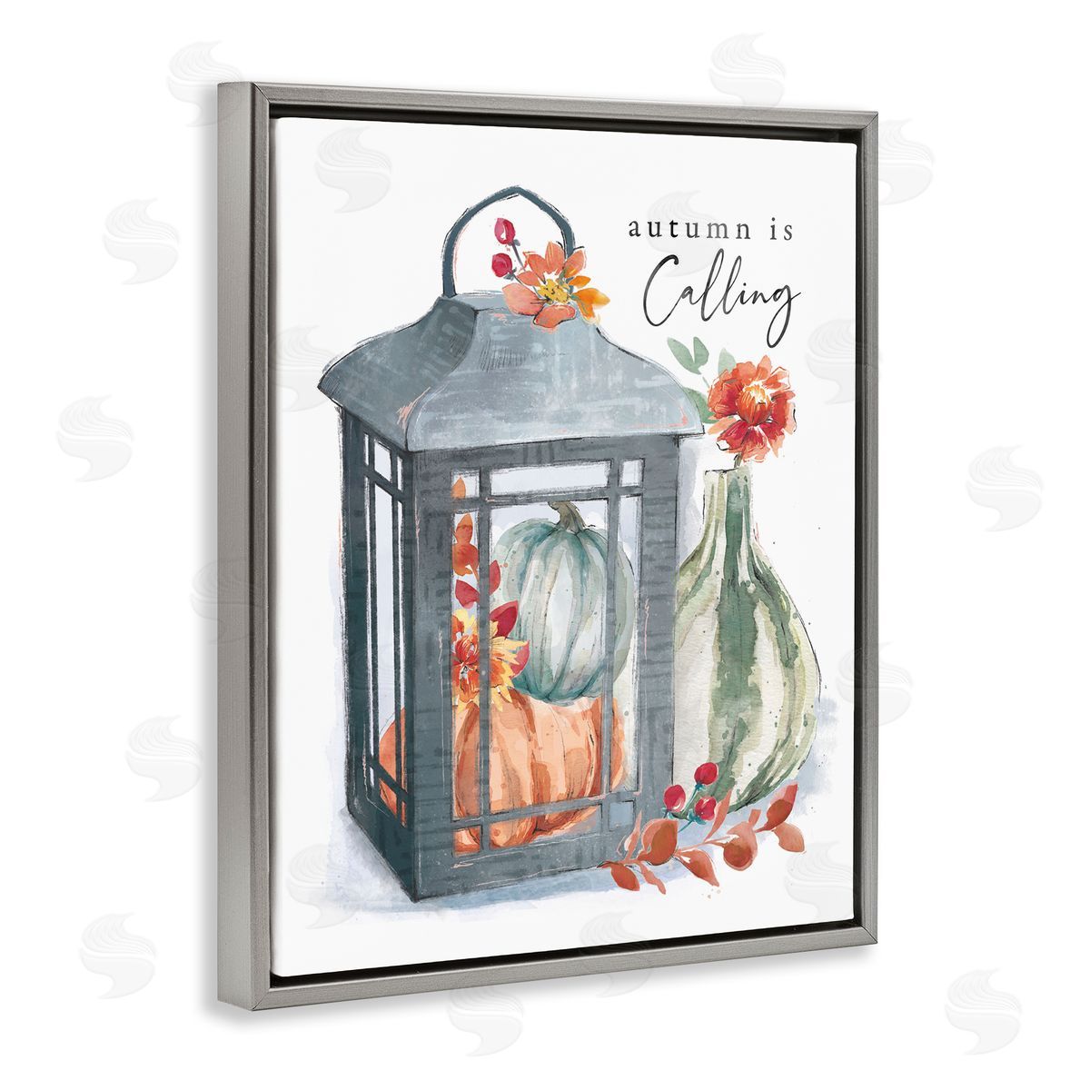 Courtney Morgenstern Autumn Is Calling Varied Gourds Floral Arrangement Watercolor Gray Floating Frame Canvas Wall Art Print