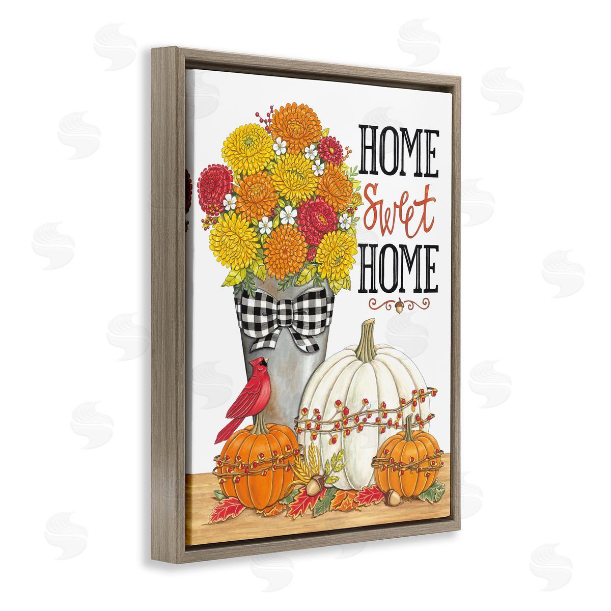 Deb Strain Home Sweet Home Autumnal Bouquet Tartan Ribbons  Brown Floating Frame Canvas Wall Art Print