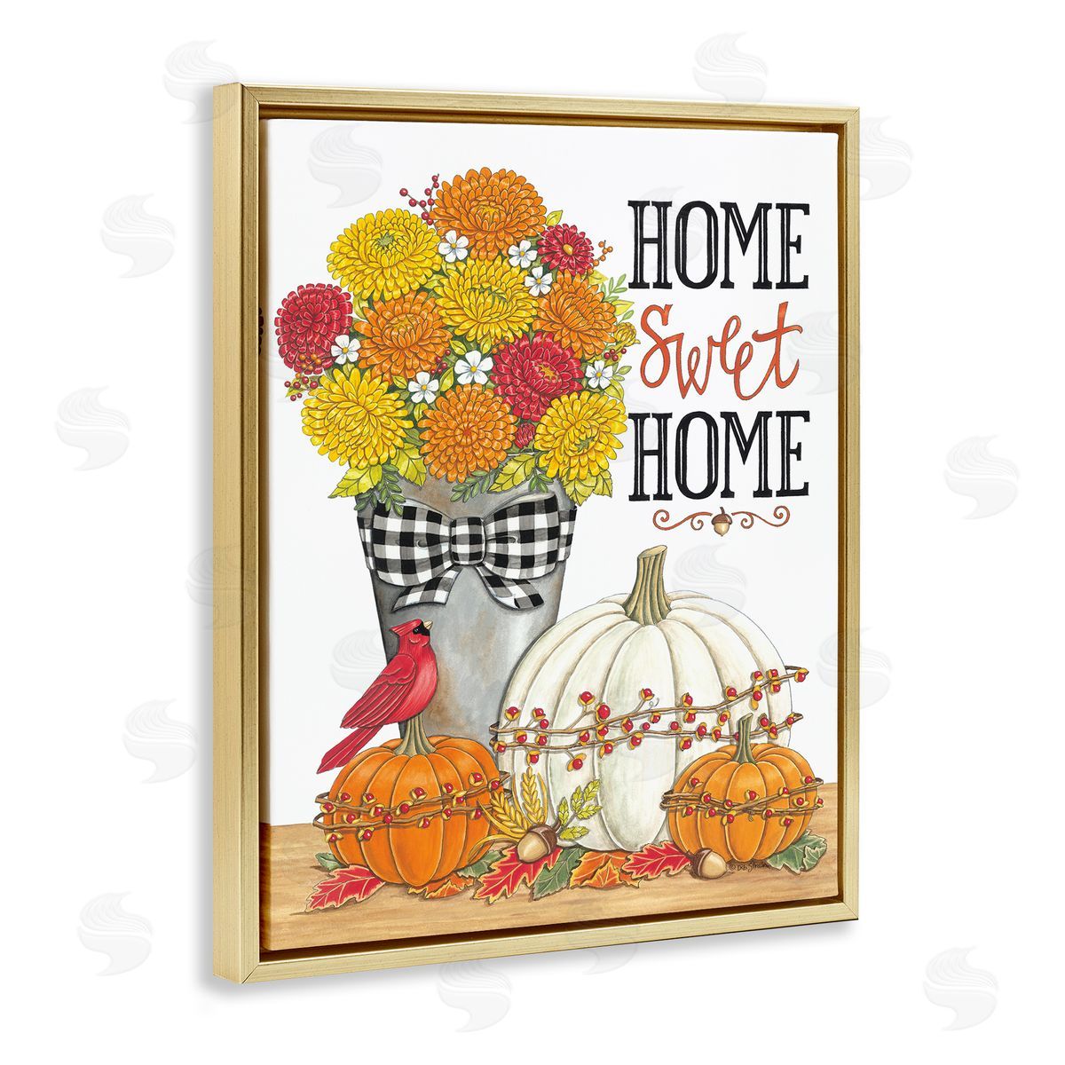 Deb Strain Home Sweet Home Autumnal Bouquet Tartan Ribbons  Gold Floating Frame Canvas Wall Art Print