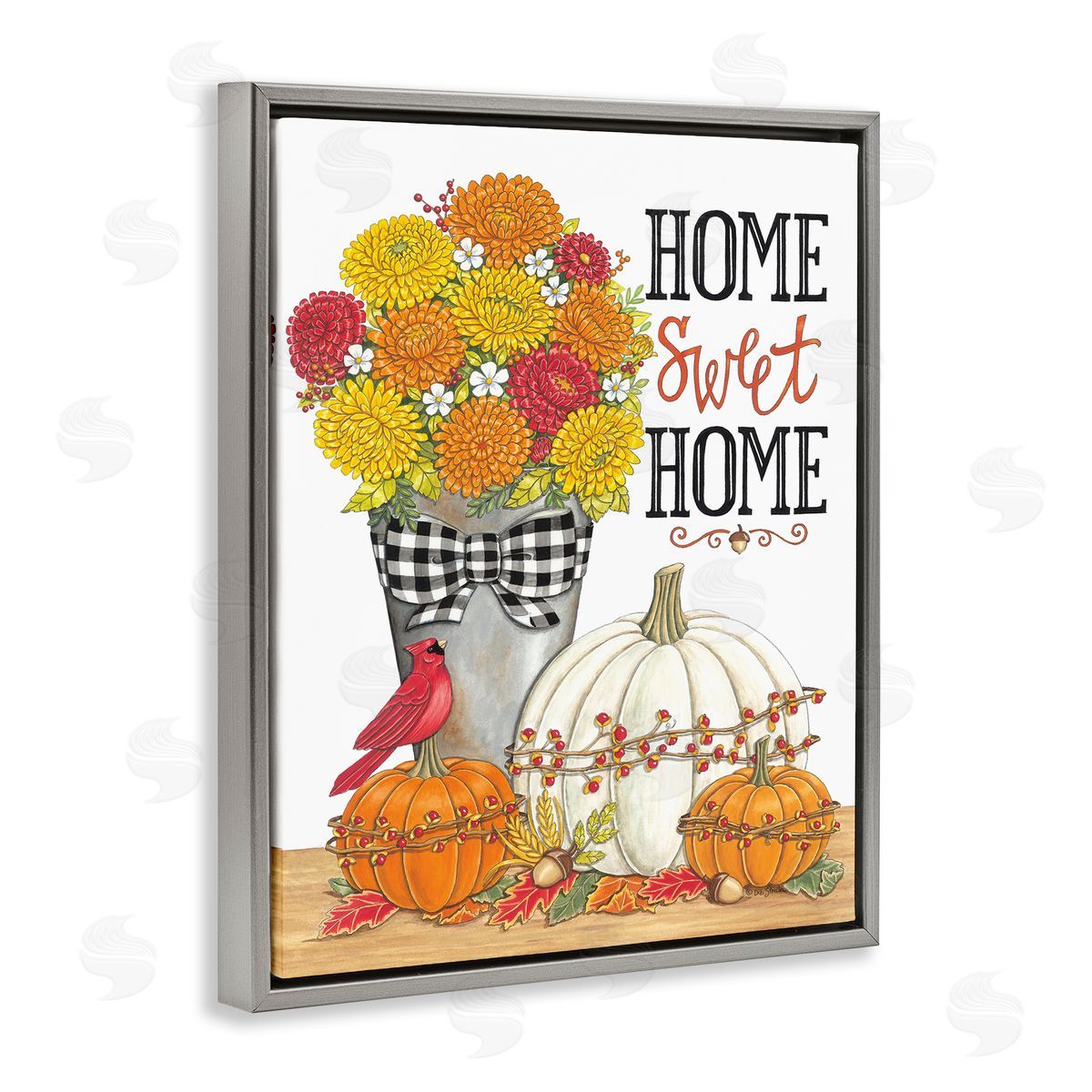 Deb Strain Home Sweet Home Autumnal Bouquet Tartan Ribbons  Gray Floating Frame Canvas Wall Art Print