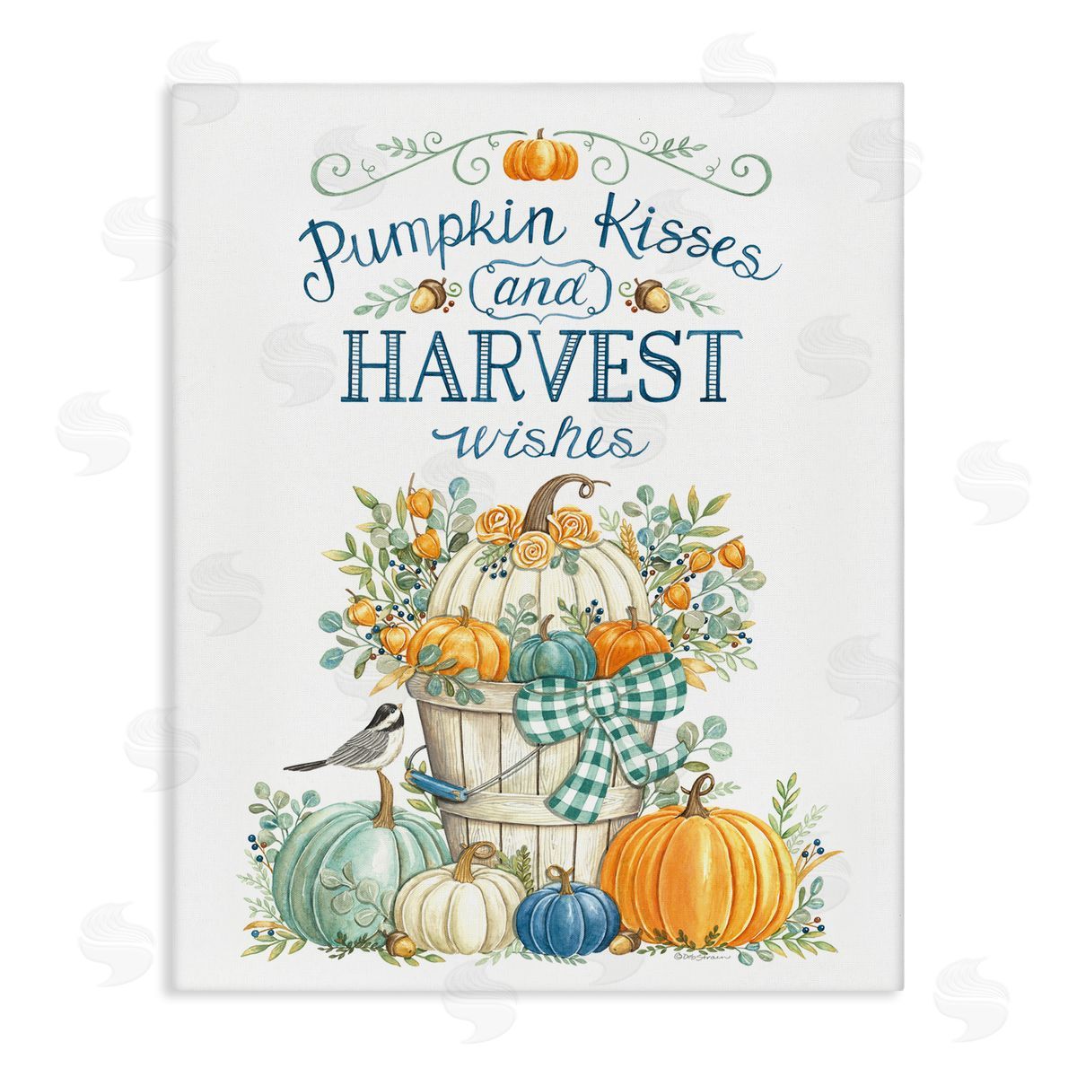 Deb Strain Harvest Wishes Autumnal Fall Pumpkins Botanical Bouquet  Stretched Canvas Wall Art Print