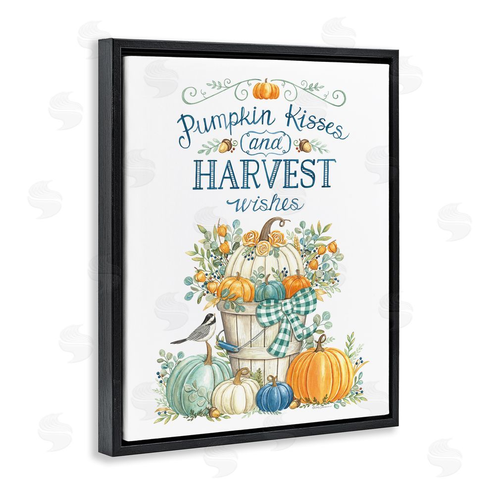 Deb Strain Harvest Wishes Autumnal Fall Pumpkins Botanical Bouquet  Black Floating Frame Canvas Wall Art Print