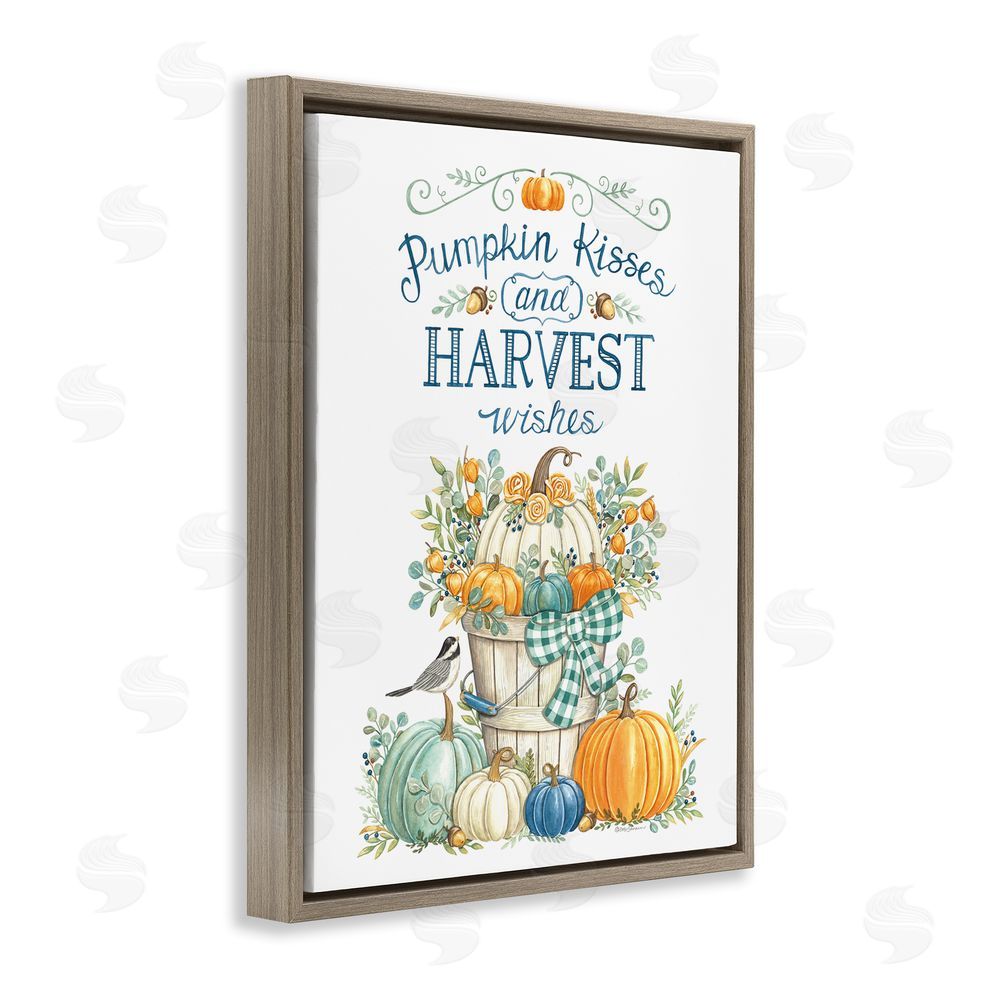 Deb Strain Harvest Wishes Autumnal Fall Pumpkins Botanical Bouquet  Brown Floating Frame Canvas Wall Art Print