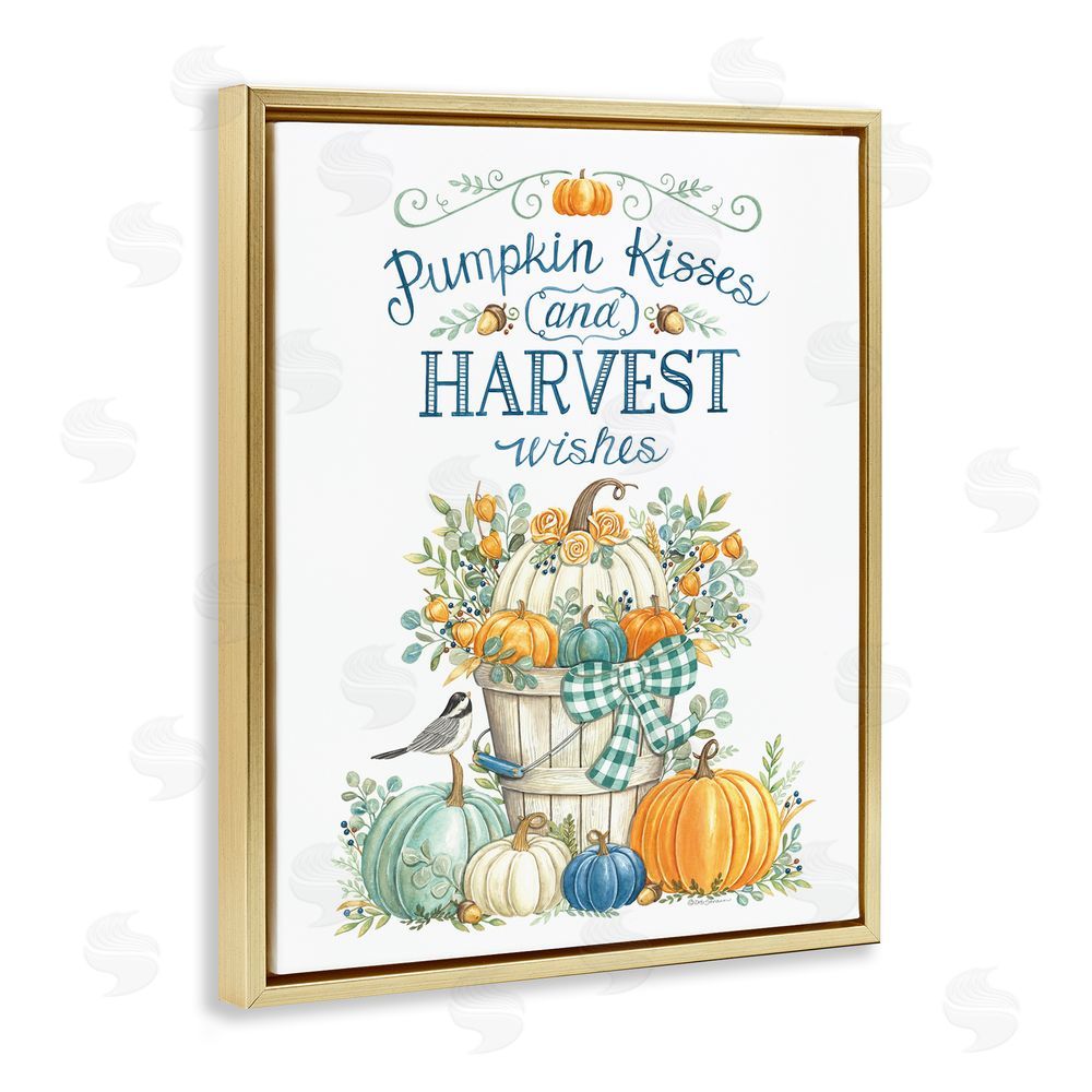 Deb Strain Harvest Wishes Autumnal Fall Pumpkins Botanical Bouquet  Gold Floating Frame Canvas Wall Art Print