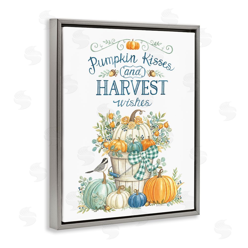 Deb Strain Harvest Wishes Autumnal Fall Pumpkins Botanical Bouquet  Gray Floating Frame Canvas Wall Art Print