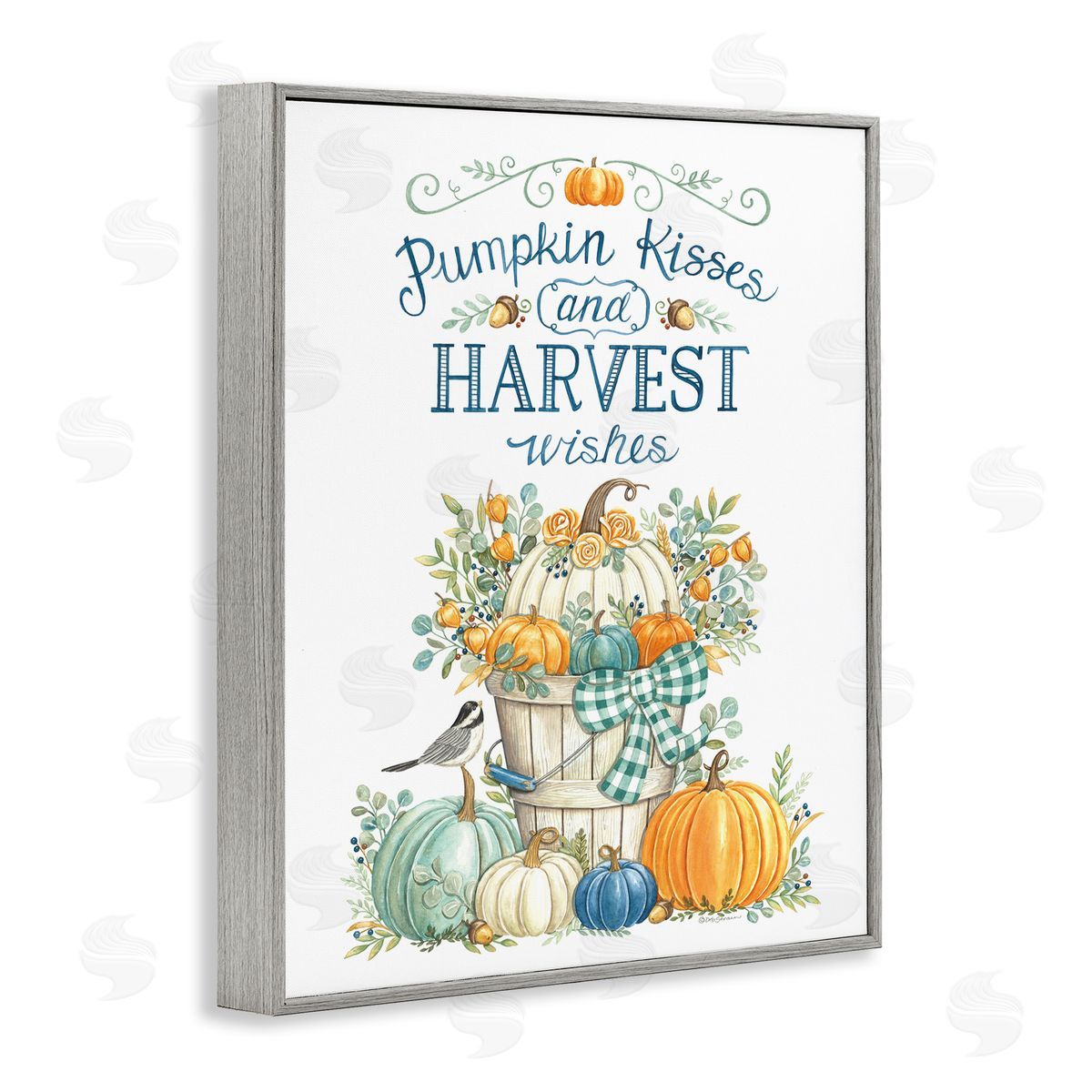 Deb Strain Harvest Wishes Autumnal Fall Pumpkins Botanical Bouquet  Gray Framed Giclee Wall Art Print