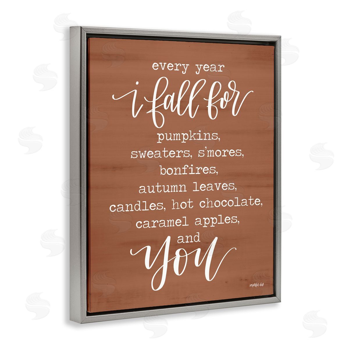 Imperfect Dust Cozy Romantic Autumn Quote Brown Seasonal Calligraphy  Gray Floating Frame Canvas Wall Art Print