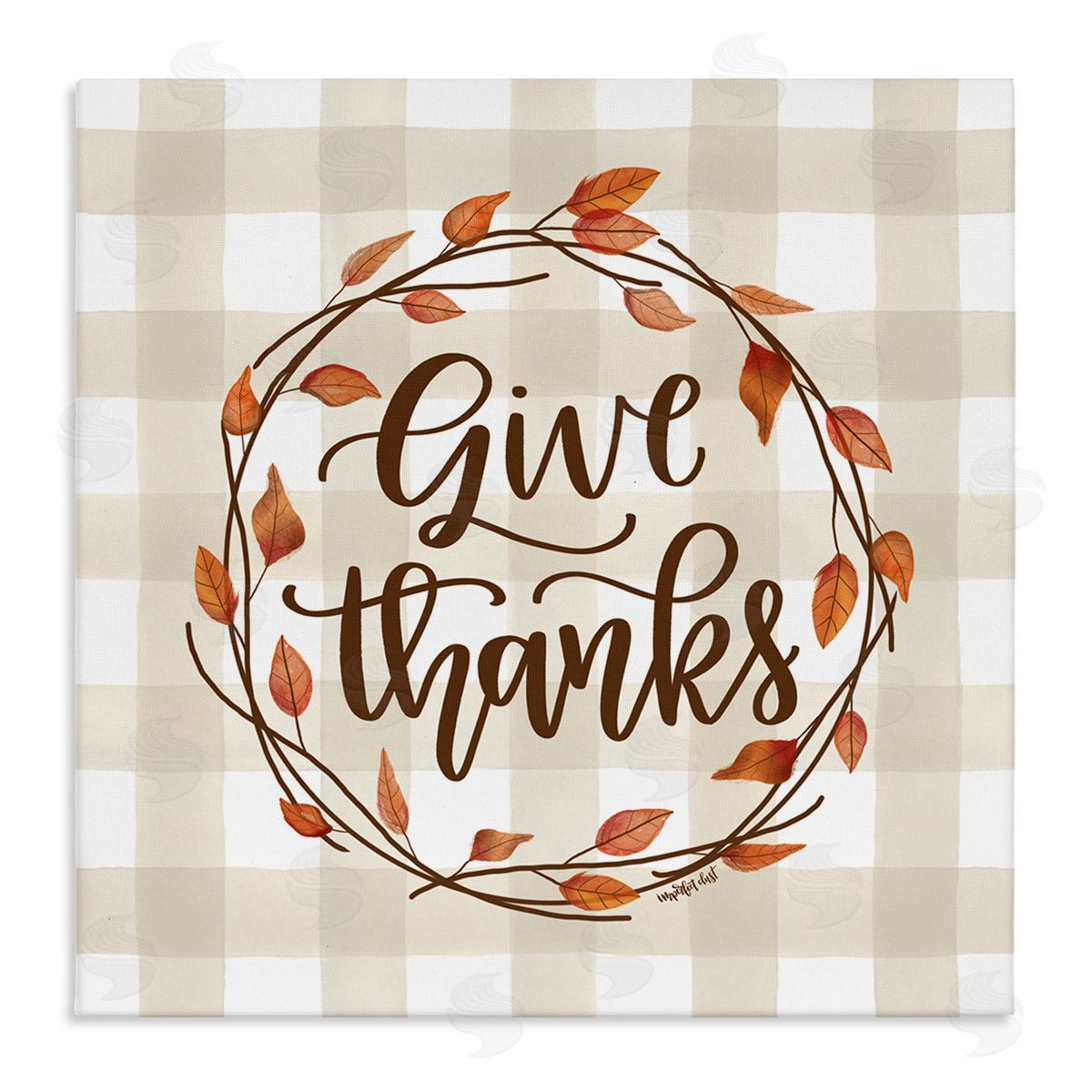 Imperfect Dust Give Thanks Neutral Plaid Autumn Leaves Wreath Stretched Canvas Wall Art Print