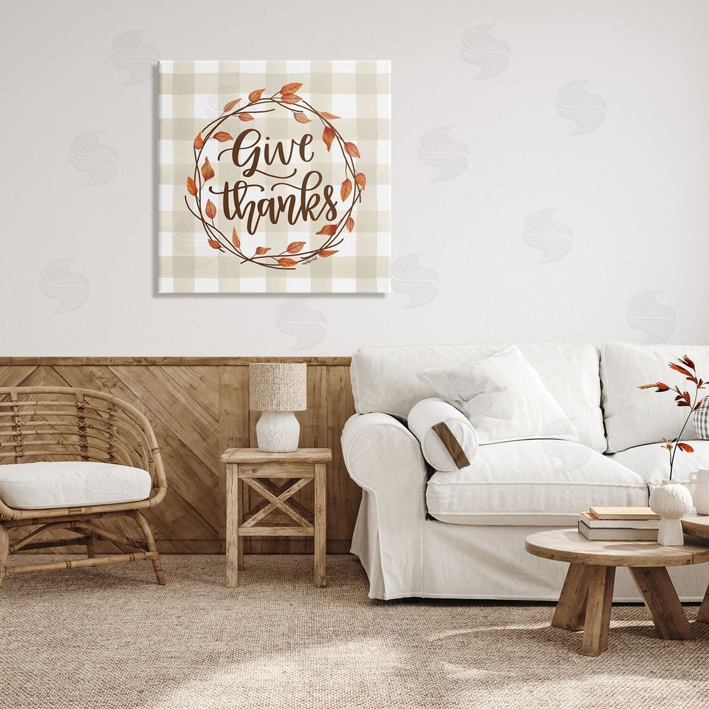 Imperfect Dust Give Thanks Neutral Plaid Autumn Leaves Wreath Canvas Wall Art in Room