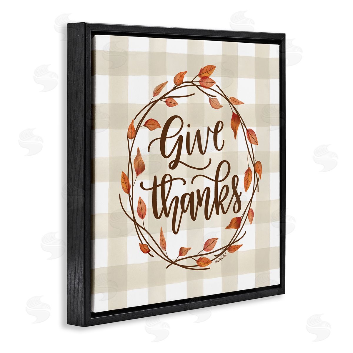 Imperfect Dust Give Thanks Neutral Plaid Autumn Leaves Wreath Black Floating Frame Canvas Wall Art Print