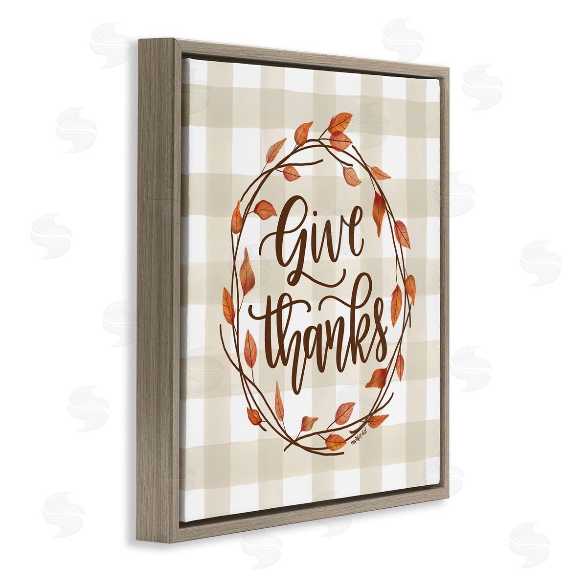 Imperfect Dust Give Thanks Neutral Plaid Autumn Leaves Wreath Brown Floating Frame Canvas Wall Art Print