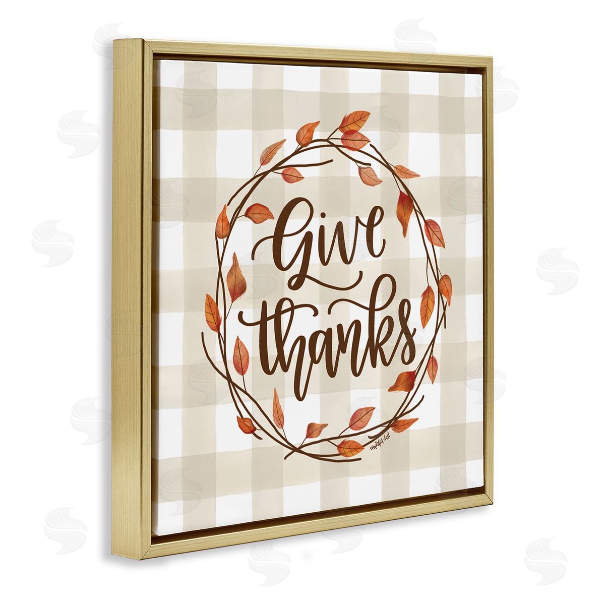 Imperfect Dust Give Thanks Neutral Plaid Autumn Leaves Wreath Gold Floating Frame Canvas Wall Art Print